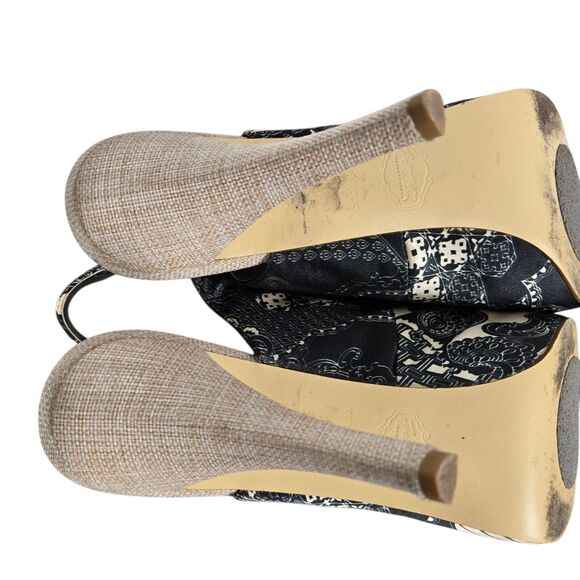 Hale Bob Tan Black Heels Sz 10 M Peep Toe Slingback Leather Outsole - Picture 14 of 16